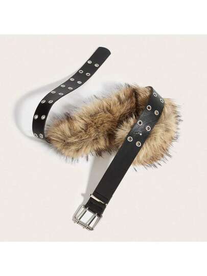 1pc Punk Y2K Faux Fur Black High-Quality PU Leather Fashion Belt For Women, Suitable For Pairing With Cropped Leather Jackets, Denim Jackets, Slip Dresses, For Daily Outings, Niche Gatherings, Photography, Music Festivals, Christmas And Family Celebrations.