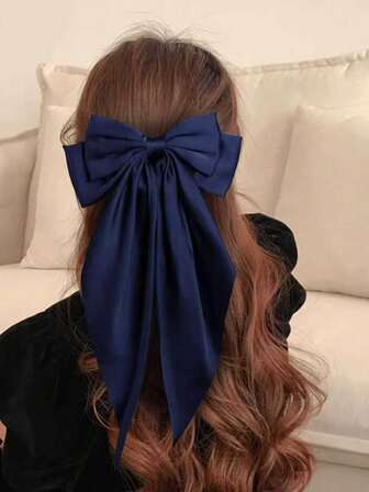1pc Large Satin Hair Bows For Women Girls, Oversized Long Tail Ribbon Bowknot Hair Clips, French Style Big Silky Barrettes Hair Accessories For Valentine's Day Ramadan Wedding Party Daily Wear (Blue Bow)