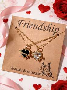 两件套时尚心形金属镶嵌水晶锆石钻石吊坠项链套装，男女皆宜，情人节、送给爱人、朋友的礼物 - 彩色 - 查看 20