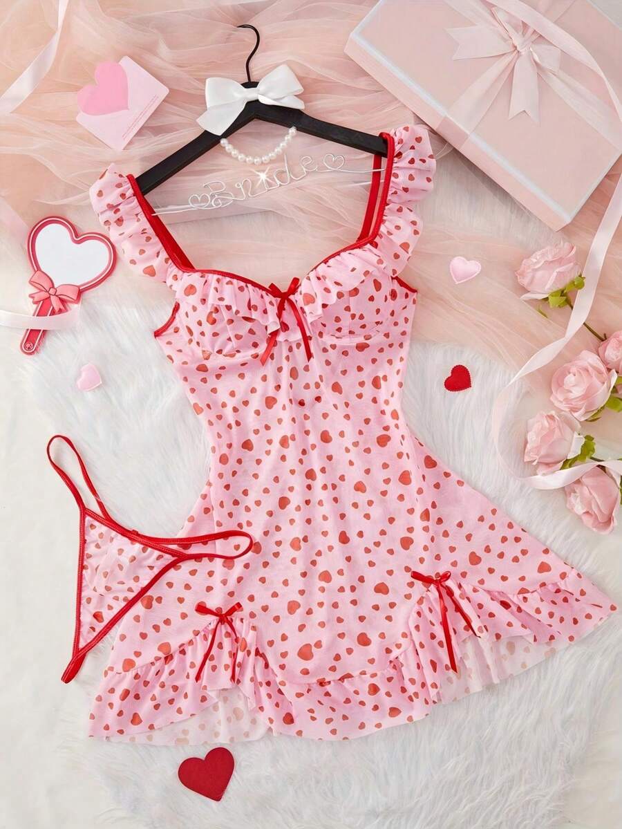 1pc Women's Valentine's Day Nightgown With Heart Print, Lace Trim, Bow Detail And Satin Splice - Synthetic Knit Shirt, Easy Care