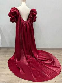一件酒红色缎面新娘披肩，奢华斗篷，泡泡袖长拖尾，170厘米