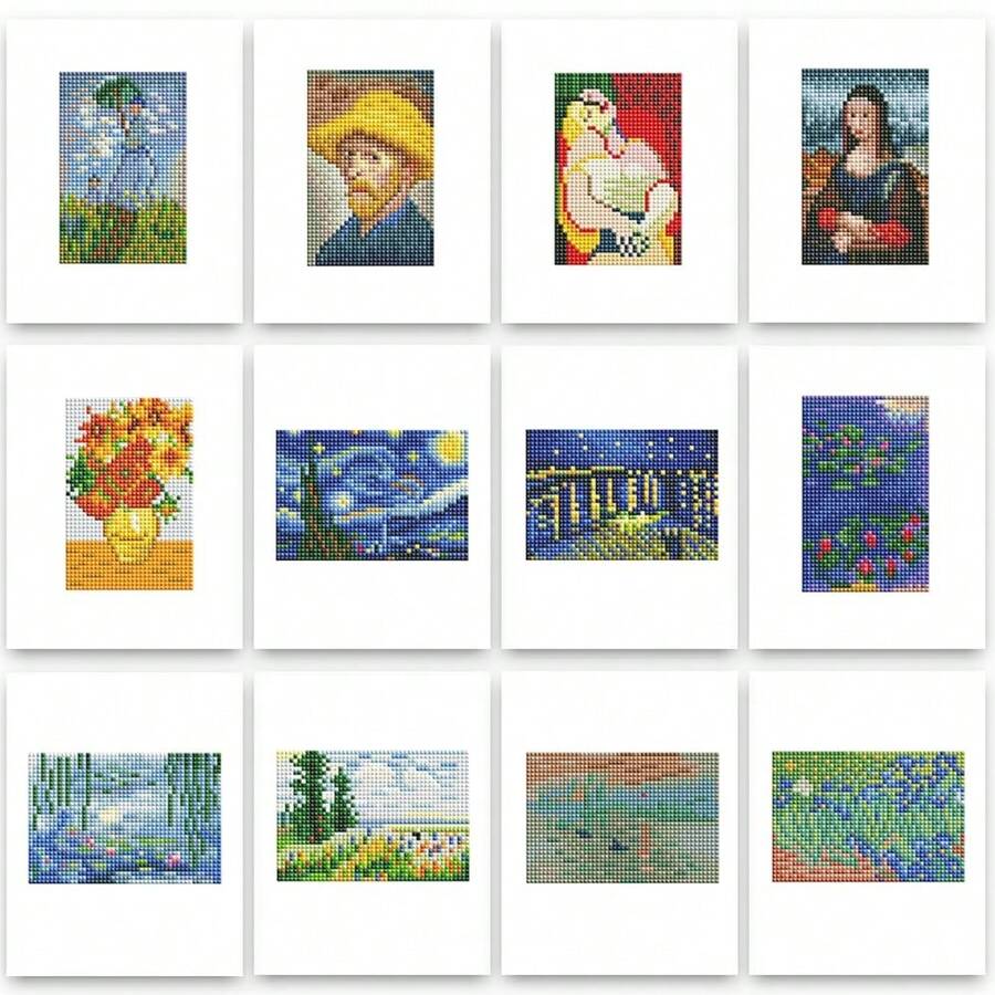 12Pcs Small Diamond Art Kits Small Diamond Painting Kits, Classic Masterpiece Mini Diamond Art Kits For Beginners, Square Drill Mini Gem Painting 1-Hour Painting For Home Desktop Decor, 6X7in - 名畫 - 查看 1