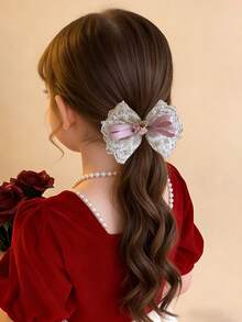 1个可爱丝带蝴蝶结发夹，柔美蕾丝花朵装饰发饰，适合青少年日常佩戴 - 彩色 - 查看 2