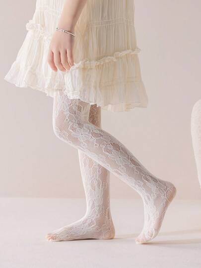 1pc White Tights For Toddler Girls/Girls, Floral Cutout Design, Classic Minimalist Mesh Breathable Lightweight Comfortable Pantyhose, Fashionable Soft Skin-Friendly High Elasticity Leggings, Suitable For Daily Wear, Stage Performance, Party