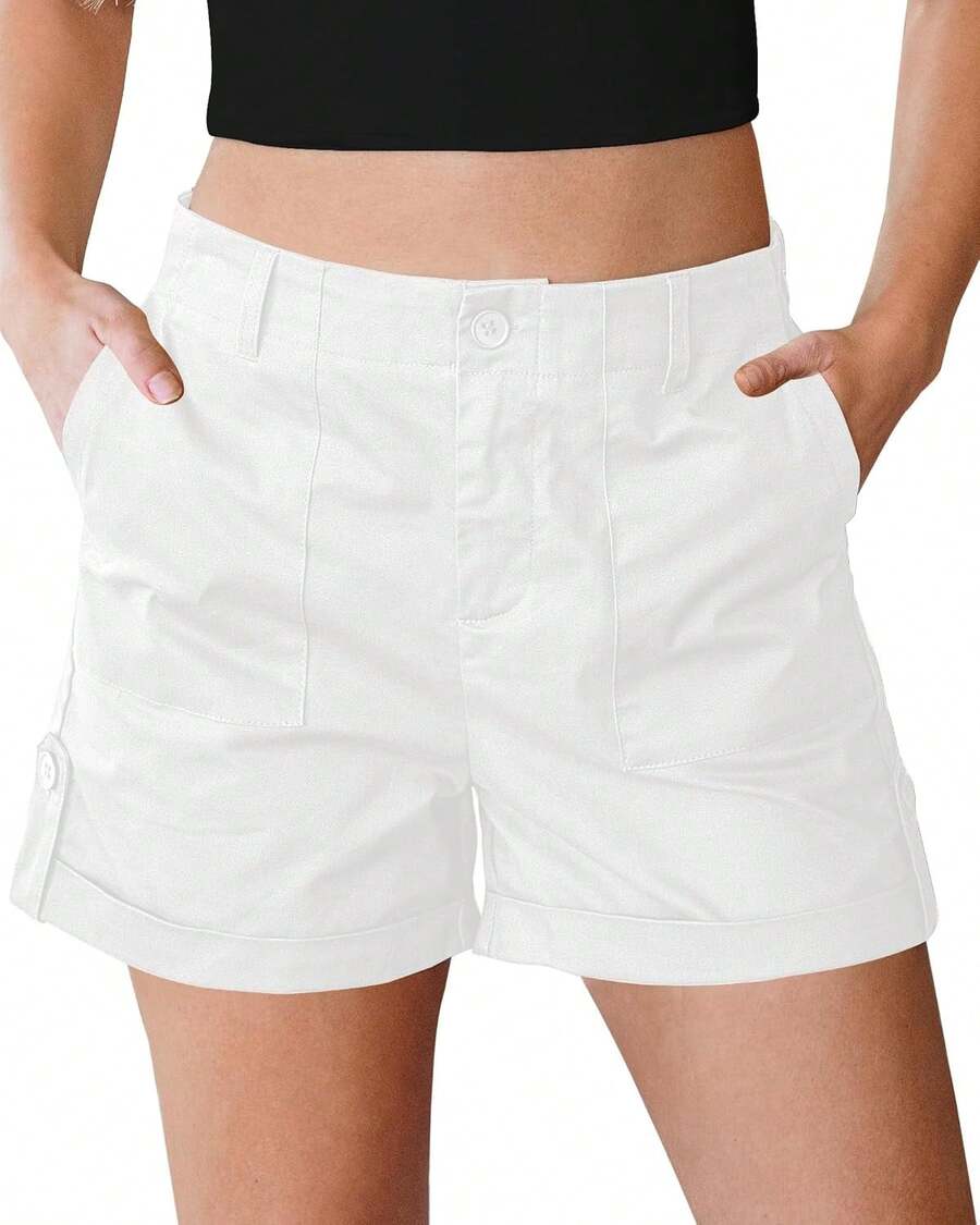 Shorts Women High Waisted Dressy Casual Summer Elastic Waist Comfy Rolled Hem Stretch Twill Pocket ShortsA Valentine's Day GQEL - Cream White - View 1