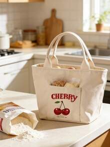 Cherry Print Canvas Tote Bag, Suitable For School, Office, Commute, Mommy Bag, Lunch Box Bag, Handbag