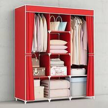 All-Steel Frame Wardrobe With Thickened Cloth Doors - Heavy-Duty Freestanding Closet Suitable For Small Spaces, Dorm Rooms, Apartments - Easy Assembly, Sturdy Metal Frame, Space-Saving Vertical Storage - Red - View 1