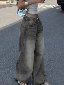 Casual American Street Style Minimalist Daily Commute Versatile Women Jeans, Oversized Boyfriend Style Women's Pocketed Wide Leg Relaxed Casual Jeans, Women Curve Jeans For Women, Valentine/Christmas/New Years Outfit, Holiday Gift - 灰色 - 查看 2