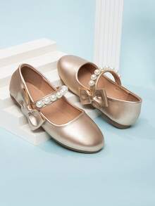 2026 Nuevos zapatos planos elegantes y sencillos de unicolor con lazo de perlas para niñas, primavera - Dorado - Ver 3