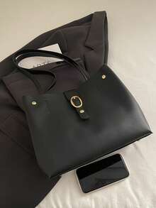 1pc Women's Fashionable Commuter Solid Color Tote Bag, Portable Versatile Large Capacity Shoulder Bag, Suitable For Dates, Shopping, Gifts, Work - Black - View 10