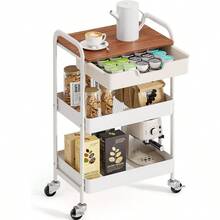 3-Tier Metal Rolling Utility Cart With Drawer And Wooden Table Top, White Storage Trolley With Locking Wheels For Kitchen, Office, Classroom, Dorm, And Bedroom - White - View 3