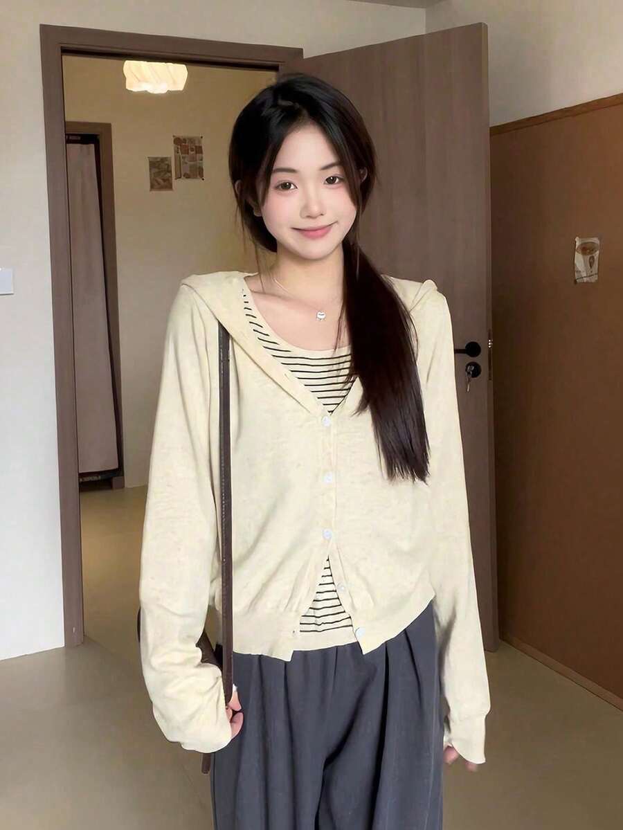 女士条纹连帽二合一长袖针织衫，休闲百搭，春秋季 - 杏色 - 查看 1