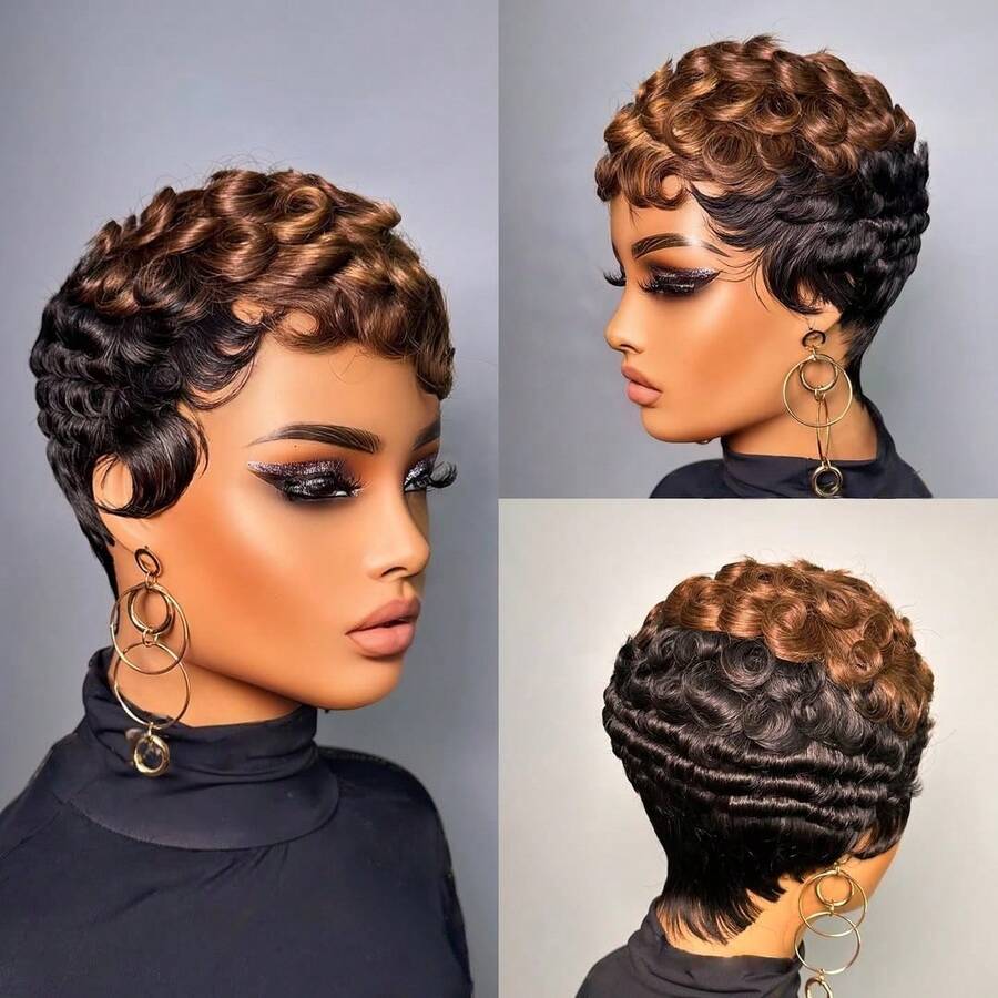 Pixie Cut Wig Wig For Women Human Hair Curly Wave Short Wig Human Hair For Black Women Black Pixie Wig For Women None Lace Front Full Machine Made Black With Brown, Black With Burgundy Colored Short Wigs For Black Women Layered Pixie Haircut Wigs With Bangs Human Hair - 彩色 - 查看 1