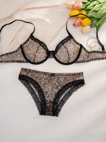 1 Set Women Leopard Print Lace Patchwork Underwire Bra & Panty Set, Comfortable Lingerie Set