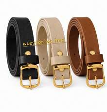 Kit Of 3 Women's Belts With Gold Buckle, Fashion, 2cm Wide, Simple, Casual, PU Leather - 黑色,米色,焦糖色 - 查看 3