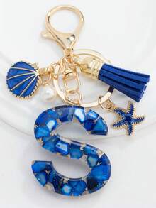 1PC Boho Nautical 26-Letter Resin Keychain - Blue & Golden Initial Pendant With Starfish/Shell/Tassel Charms, Fashionable Key Ring & Couple Bag/Backpack/Beach Bag Charm, Ideal Holiday Gift For Valentine's Day/Birthdays/Parties - Royal Blue - View 20