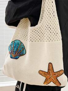 Fashionable Women's Woven Tote Bag, Coin, Shell & Starfish Patch, Large Capacity Foldable Portable Bag, Summer Beach Tote - Multicolor - View 9