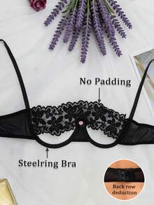 性感内衣黑色蕾丝撞色网纱女士趣味蝴蝶结花卉钢圈文胸，后背搭扣设计 - 黑色 - 查看 8