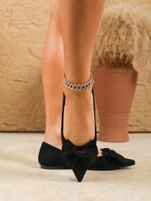 Women's Fashion Pointed Toe Black Bow Slip-On Casual Flat Shoes, Spring/Summer - Black - View 3
