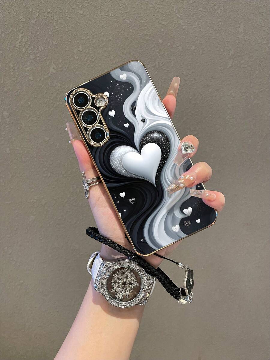 1个黑色电镀TPU心形图案防震全包手机壳，搭配1条黑色滴胶水钻花朵挂绳，时尚百搭创意全包手机壳，兼容三星A14/A54/A56/A31 4G/A23、OPPO A98、S24、S25 Ultra等机型。 - 彩色 - 查看 1