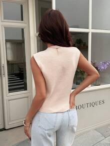 Women's Knitted Sleeveless Sweater Vest, Regular Length, High Elasticity, Round Neck With Button - New Apricot - View 6