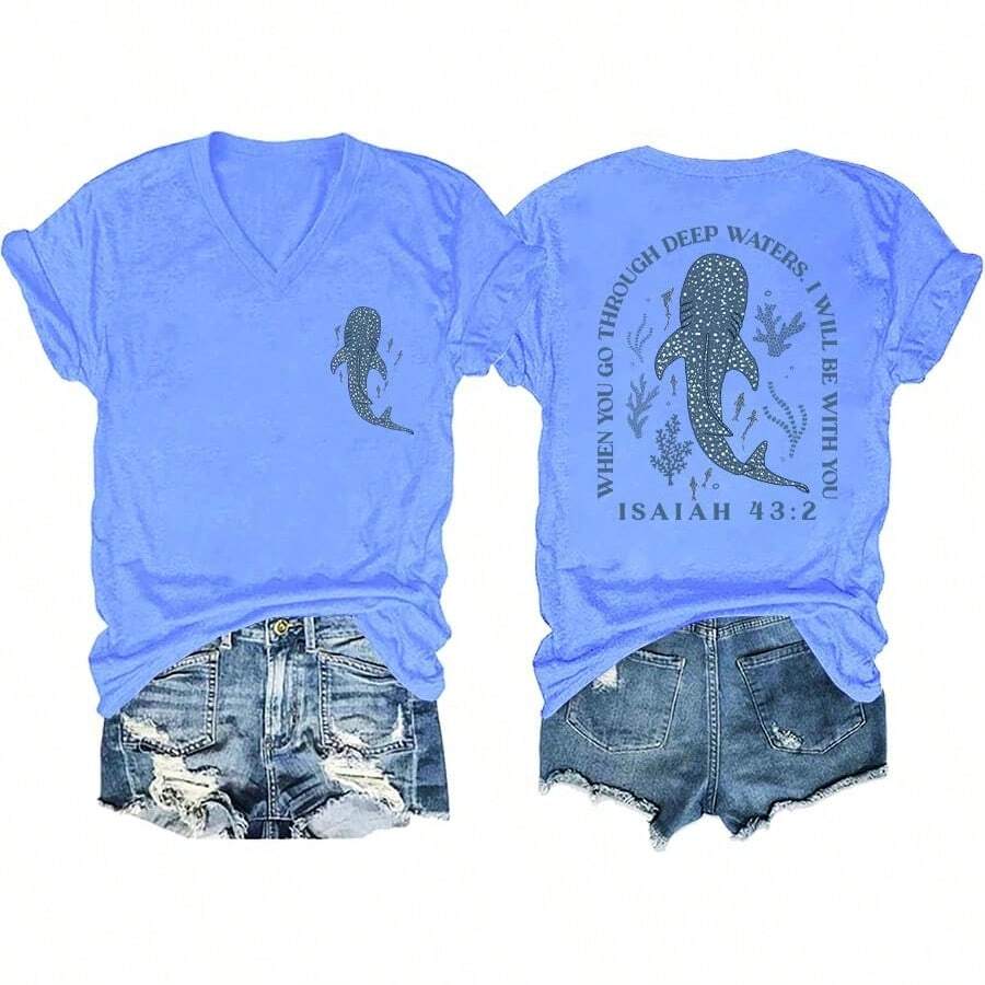 Cute Shark Shirt Whale Shark Christian Summer Shirt Ocean Fish Animal Lover Marine Life Women's Top - 卡羅萊納藍-1 - 查看 1