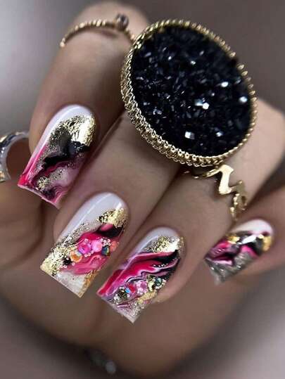 24pcs Reusable Square Nail Stickers, Matte Pink & Gold Striped, Suitable For Women & Girls, Includes 1 Nail File, Y735 Pink Gold