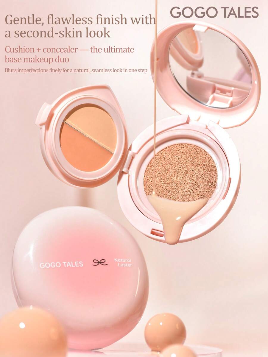 GOGO TALES Kem che khuyết điểm và kem nền dạng cushion Porcelain Light-Infused, kem che khuyết điểm dạng lì và kem nền dạng cushion lâu trôi, kiểm soát dầu, bảng màu 2 trong 1 dành cho da hỗn hợp, da dầu và da khô, phù hợp cho học sinh, GOGOTALES - G01 Da trắng sáng - Xem 1