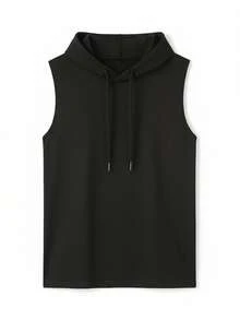 男士无袖连帽背心，红色英文标语印花，休闲街头风 - 黑色 - 查看 2