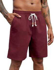 Mens Linen Shorts Casual Drawstring Elastic Waist Lightweight Summer Vacation Beach ShortsA Valentine's Day UVLZ - Màu Đỏ Sâu - Xem 1