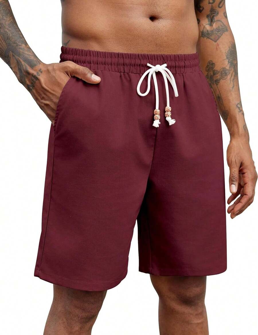 Mens Linen Shorts Casual Drawstring Elastic Waist Lightweight Summer Vacation Beach ShortsA Valentine's Day UVLZ - Màu Đỏ Sâu - Xem 1
