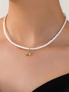 1pc Gold Stainless Steel Bubble A-Z Initial Necklace, Seed Beads, Adjustable Chain, Elegant Fashion Jewelry For Women, Summer Beach Gift - Multicolor - View 3