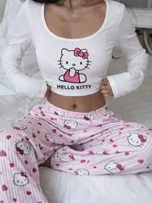 Sanrio 2pcs Women Stitch Print Crew Neck Long Sleeve Top + Elastic Waist Straight Pants Pajama Set - Pink - View 2