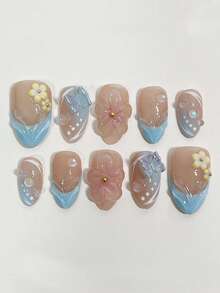 10片装蓝色法式3D立体杏仁形短款可爱花朵Y2K温柔少女ins风手工可佩戴美甲贴片，适合日常佩戴，按压式美甲贴纸，美甲配件，美甲用品，手工按压式美甲贴片 - 藍色 - 查看 1