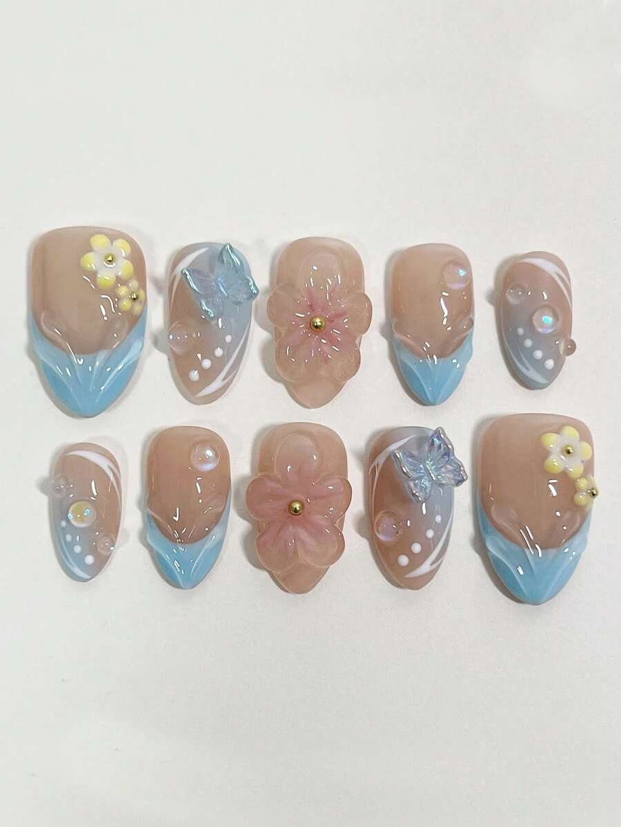 10片装蓝色法式3D立体杏仁形短款可爱花朵Y2K温柔少女ins风手工可佩戴美甲贴片，适合日常佩戴，按压式美甲贴纸，美甲配件，美甲用品，手工按压式美甲贴片 - 藍色 - 查看 1