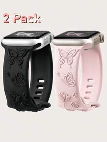 2条装花卉雕刻表带，兼容表带49mm、45mm、44mm、42mm、41mm、40mm、38mm，防水花朵蝴蝶运动硅胶腕带替换表带，兼容 Series 11、10、9、8、7、6、5、4、3、2、1、SE、Ultra，女士款 - 黑+粉砂 - 查看 14