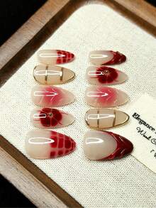 10 piezas de uñas postizas hechas a mano, forma de almendra, patrón de cuadros rojos, estilo francés, decoradas con flores rojas, líneas doradas personalizadas, estilo chica atrevida, reutilizables - Multicolor - Ver 6