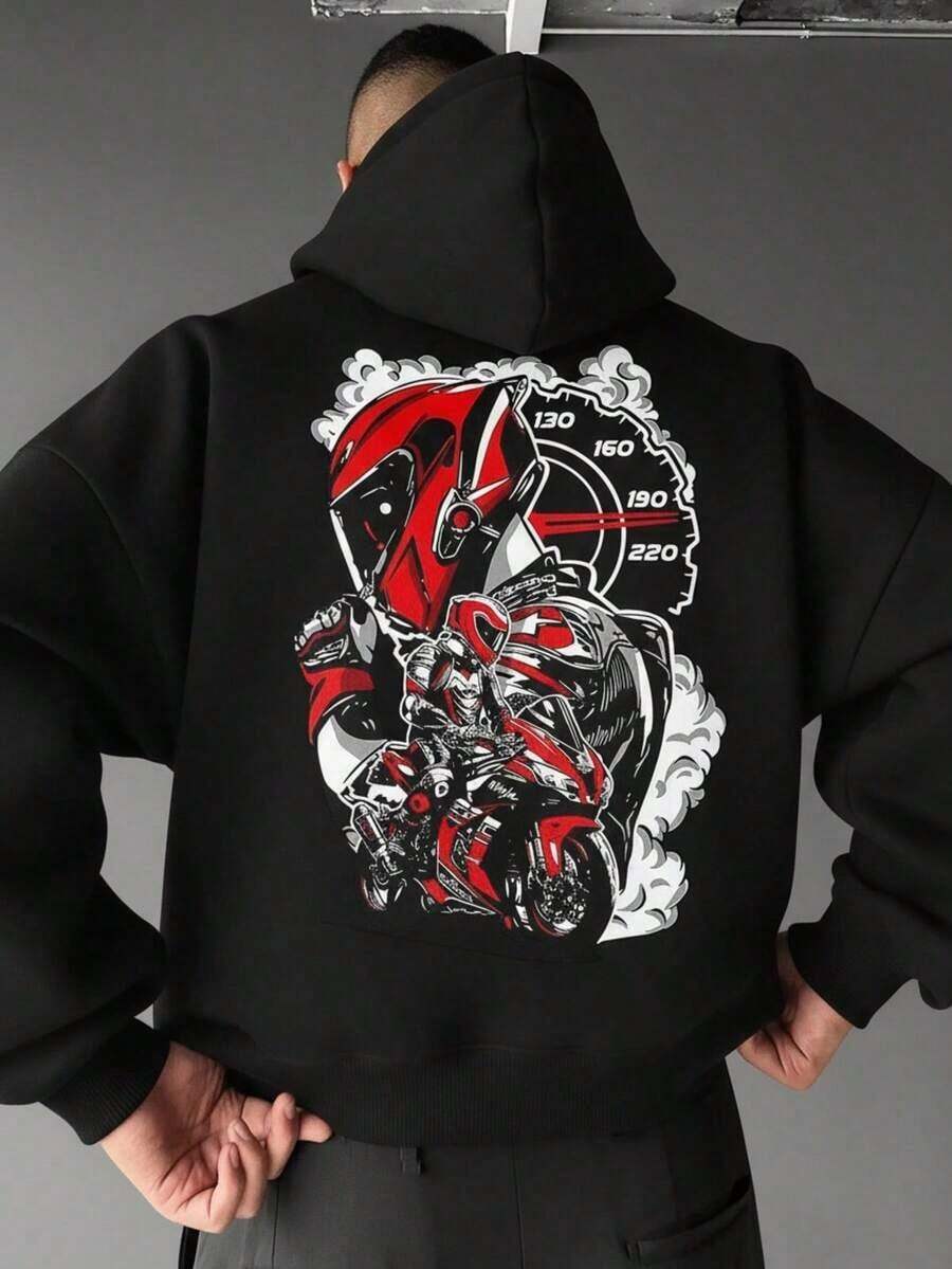 Sudadera blanca con estampado de motociclista para hombres con cordón y bolsillos - Negro - Ver 1