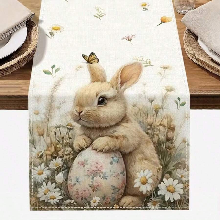 1 buc. Șervețel de masă cu iepuraș de Paște fericit și ou floral, decor de primăvară sezonier cu design drăguț de iepure, floarea-soarelui și fluture, potrivit pentru mese de sărbători, decor pentru casă sau cadouri, accesorii pentru iepurași