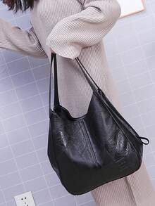 Bolso de hombro tipo cubo para mujer, bolso de mano de gran capacidad de moda minimalista, bolso de hombro de piel sintética suave, bolso con cremallera - Negro - Ver 4