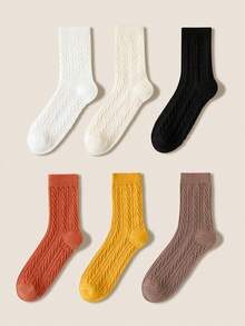6 Pairs Cable Knit Socks For Women, Autumn/Winter Mid-Calf Socks, Versatile, High Aesthetic, Mori Style, Solid Color Knee High Socks - Multicolor - View 2