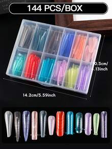 144pcs/Box Colorful Clear Long Coffin Oval Shape Nail Art Extension Forms Full Cover Extended Nail Mold For Poly Gel Acrylic Nail Art Includes In 12 Sizes Scale And U-Shaped Tips For Extension DIY Artificial False Nail Tips