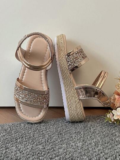 Kids Glitter Platform Slippers - Rose Gold Woven Sole