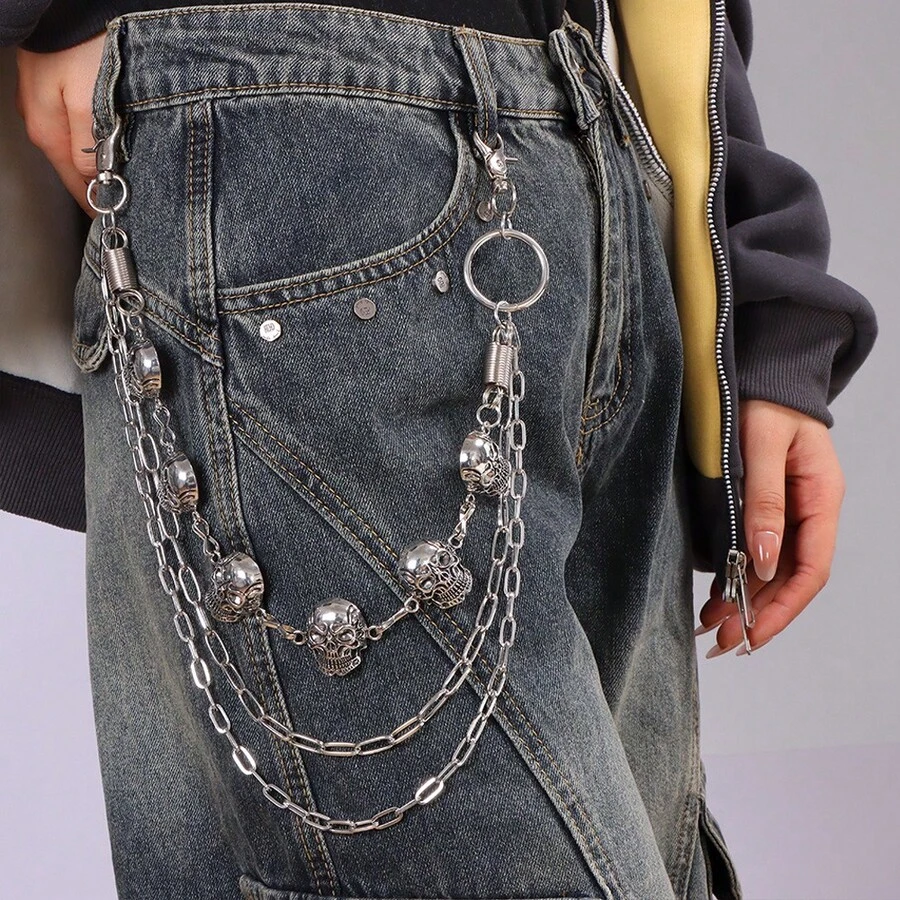 1 Piece Punk Pants Chain Personality Skull Hip-Hop Pants Chain Spring Decoration Denim Hanging Chain Skull Pants Chain - 白K多層骷髏頭彈簧褲鏈 - 查看 1