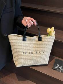 Duża pojemność, swobodna torba wakacyjna ze słomy, minimalistyczna, elegancka damska torebka na ramię - Czarne - Zobacz 6