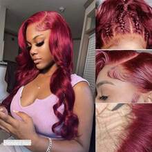 10-36Inch 13x4 HD Lace 180% Density Closure Wigs Human Blended Hair Glueless Wigs Human Blended Hair Pre Plucked Body Wave Closure Wig Brazilian Human Blended Hair Wigs For Women 13X4 Lace Wig 99J Burgundy - S99J/BUG - View 4