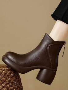 Casual Western Style Side Zipper French Retro Ankle Boots, Waterproof Platform Thick Heel Short Boots For Women, Autumn/Winter, Chunky Soft Bottom Ankle Boots