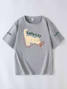 夏季女式番茄猫印花圆领短袖T恤 - 淺灰色 - 查看 2