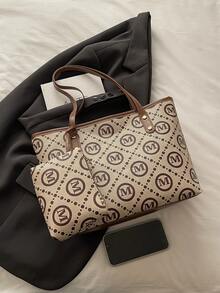 Retro Foldable Geometric Pattern Tote Bag, Shopping Bag With Mini Wallet, Suitable For Girls/Women For Shopping, Commuting, Travel, Back To School - Khaki - View 3