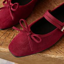 2025 Square Toe Plus Size Ballet Shoes For Women, Mary Jane Soft Bottom Fashion One-Strap Loafers, Suede Super Versatile Comfortable Buckle Shoes - Wine Red Bow - View 8